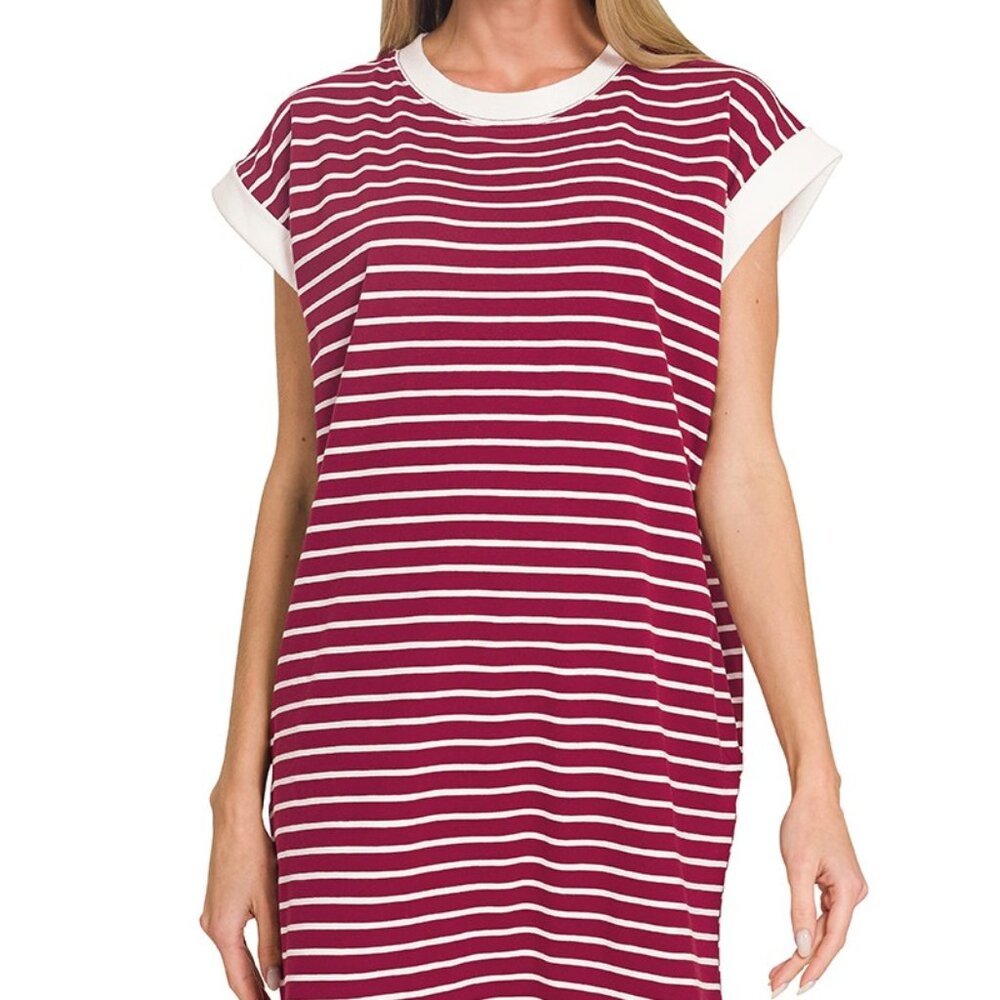 Zenana Contrast Trim Striped T-shirts‎ Dress